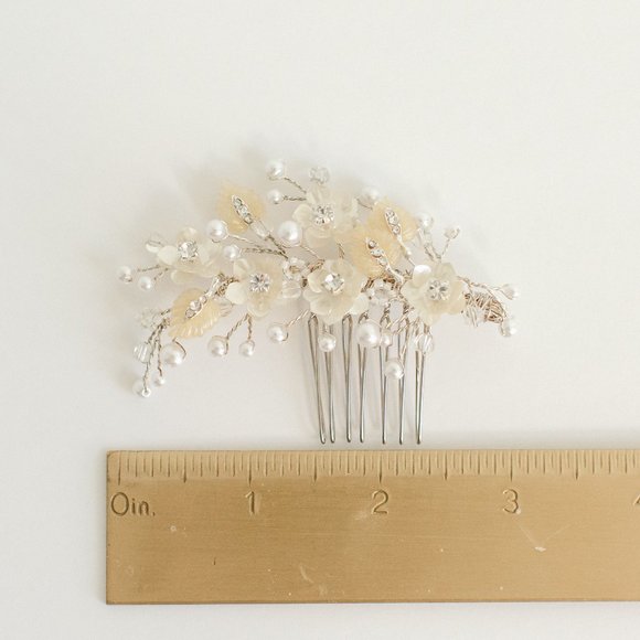 Wedding Bridal Hair Clip Comb Crystal Rhinestone Beaded Silver with Ivory - Picture 4 of 4